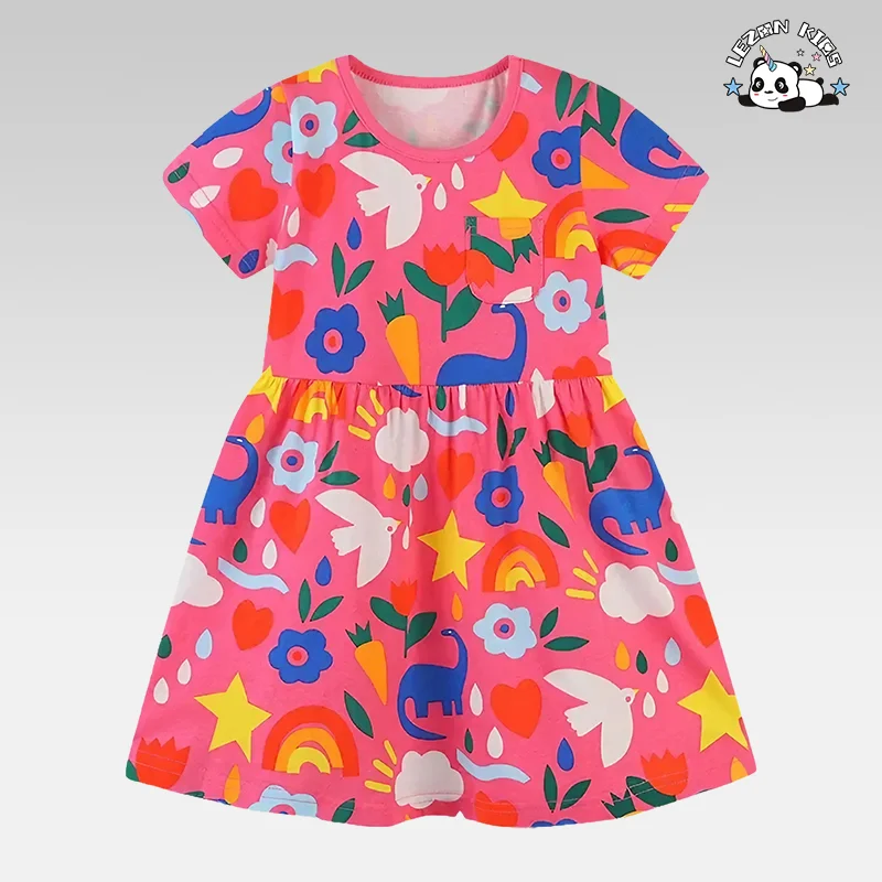 LEZONKIDS - Toddler Kids Baby Girl Summer Princess Dress Short Sleeve Floral Print Cotton Party Casual Clothes Dresses For Girls